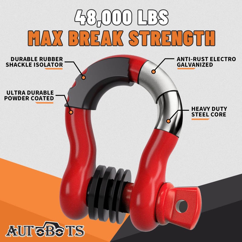 AUTOBOTS Bow Shackles 3/4" D Ring Shackle (2 Pack), 48,000Ib Break Strength with 7/8" Pin, 2 Isolator and 4 Washers Kit for Offroad Vehicle Truck Recovery Red - Image 2